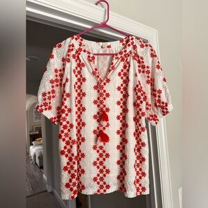 Jade White Eyelet Top with Red Floral Embroidery Trim